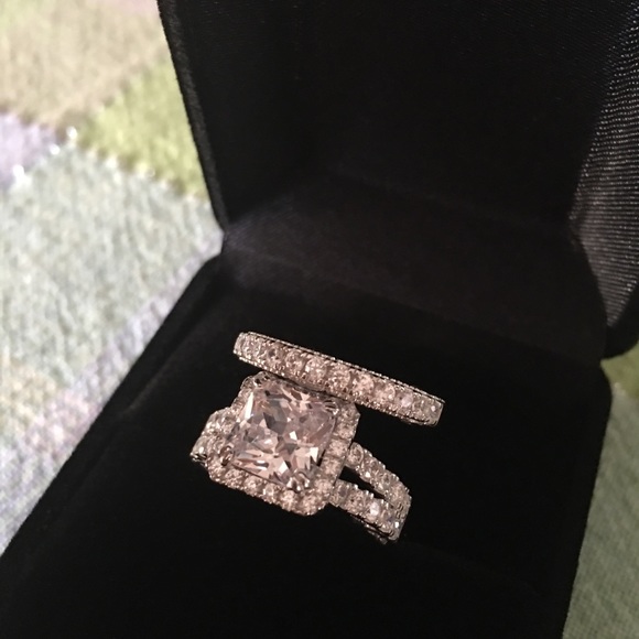 2pcs 925 Silver Engagement Ring Wedding Band Set - Picture 4 of 7